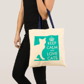 Turquoise Blijf kalm en houd van katten boodschapp Tote Bag (Voorkant (product))
