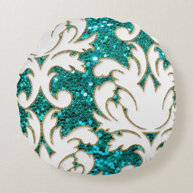 Turquoise Bling Damask Rond Kussen (Voorkant)