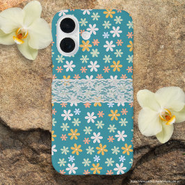  turquoise bloem met witte kant Girly schattig iPhone 16 Hoesje