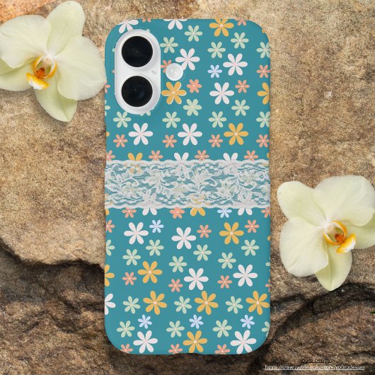  turquoise bloem met witte kant Girly schattig Case-Mate iPhone Case