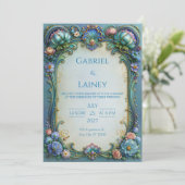 Turquoise Bloem Scroll Trouwdag Kaart (Staand voorkant)