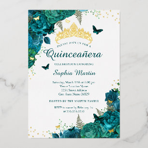 Turquoise Bloem Vlinder Elegante Quinceanera  Folie Uitnodiging