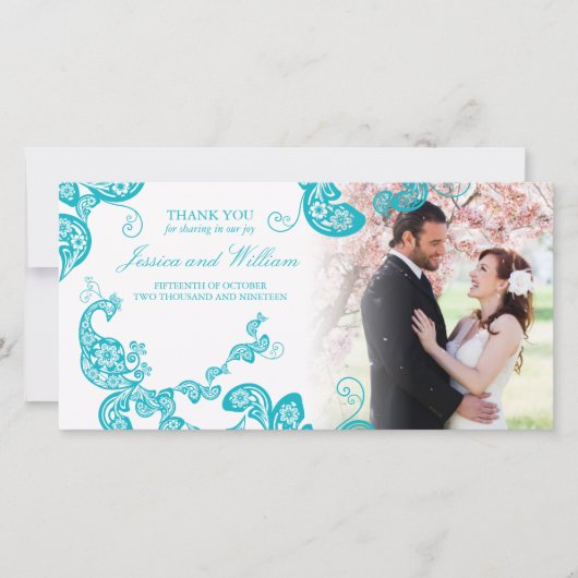 Turquoise Bloemachtige Pauw Elegante Foto Bruiloft Bedankkaart (Voorkant)