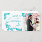 Turquoise Bloemachtige Pauw Elegante Foto Bruiloft Bedankkaart (Voorkant / Achterkant)