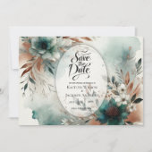Turquoise Bloemblaadjes in Bronzen Bloei Bruiloft Save The Date (Voorkant)