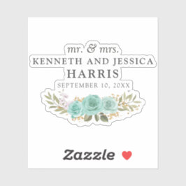 Turquoise Bloemen Blauwe Rozen Namen & Trouwdatum Sticker