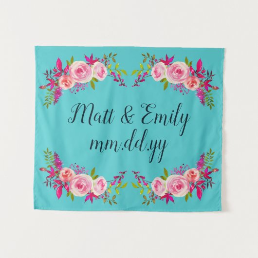 Turquoise Bloemen Bruiloft Achtergrond Foto Booth Wandkleed (Voorkant (horizontaal))