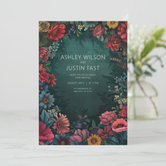 Turquoise Bloemen Bruiloft Uitnodiging (Staand voorkant)