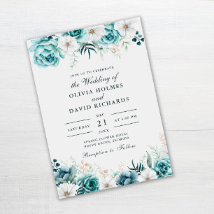 Turquoise Bloemen Bruiloft Uitnodiging   Botanisch