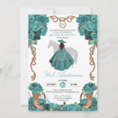 Turquoise Bloemen Charro Vestidos Quinceanera Kaart (Voorkant)