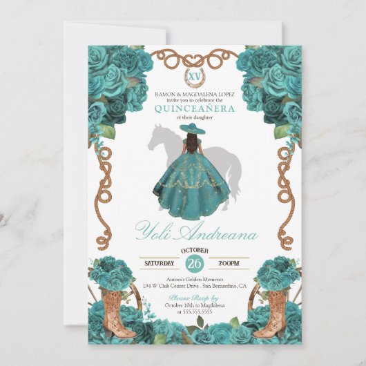 Turquoise Bloemen Charro Vestidos Quinceanera Kaart (Voorkant)