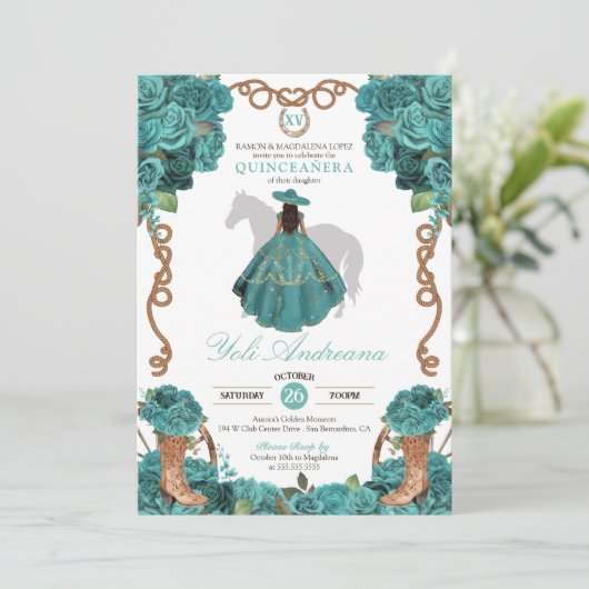 Turquoise Bloemen Charro Vestidos Quinceanera Kaart (Staand voorkant)