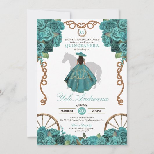 Turquoise Bloemen Charro Westerne Ranch Quinceaner Kaart (Voorkant)