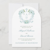 Turquoise Bloemen Crest Monogrammen Katholieke bru Kaart (Voorkant)
