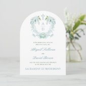 Turquoise Bloemen Crest Monogrammen Katholieke bru Kaart (Staand voorkant)