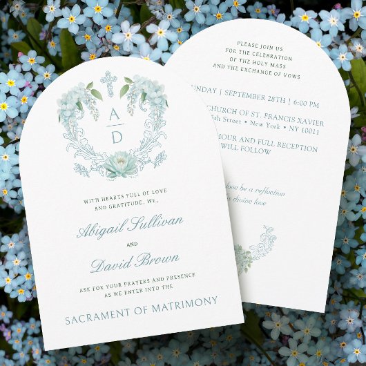 Turquoise Bloemen Crest Monogrammen Katholieke Tro Kaart