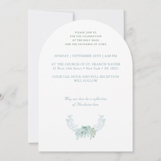 Turquoise Bloemen Crest Monogrammen Katholieke Tro Kaart (Achterkant)