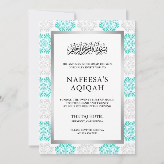 Turquoise Bloemen Damask Islamitische Aqiqah Cerem Kaart (Voorkant)