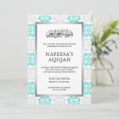 Turquoise Bloemen Damask Islamitische Aqiqah Cerem Kaart (Staand voorkant)