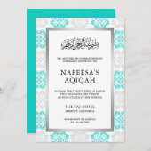 Turquoise Bloemen Damask Islamitische Aqiqah Cerem Kaart (Voorkant / Achterkant)
