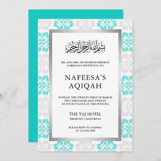 Turquoise Bloemen Damask Islamitische Aqiqah Cerem Kaart (Voorkant / Achterkant)