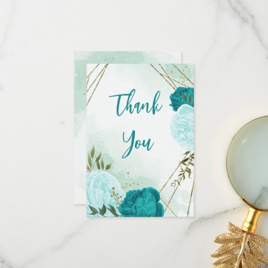 turquoise bloemen groene bladeren bruiloft bedankkaart (Voorkant / Achterkant in situ)