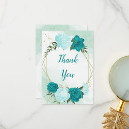 turquoise bloemen groene bladeren bruiloft bedankkaart