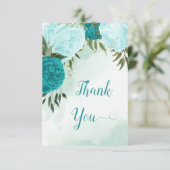 turquoise bloemen groene bladeren bruiloft bedankkaart (Staand voorkant)