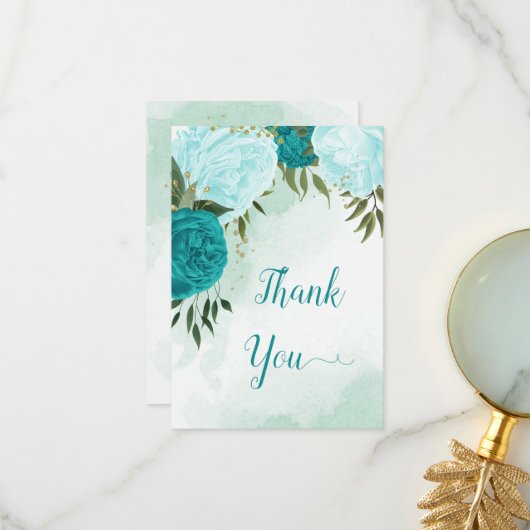 turquoise bloemen groene bladeren bruiloft bedankkaart (Voorkant / Achterkant in situ)