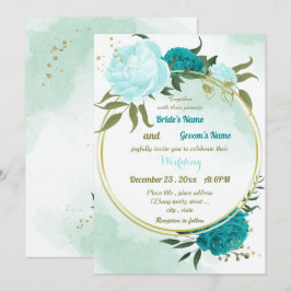 turquoise bloemen groene bladeren bruiloft kaart