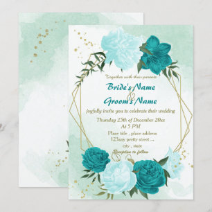 turquoise bloemen groene bladeren bruiloft kaart