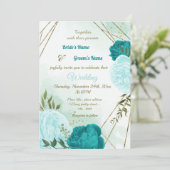 turquoise bloemen groene bladeren bruiloft kaart (Staand voorkant)