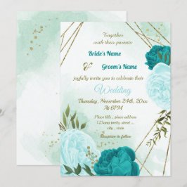 turquoise bloemen groene bladeren bruiloft kaart