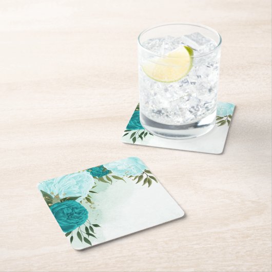 turquoise bloemen groene bladeren bruiloft kartonnen onderzetters (Insitu)
