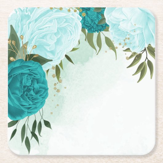 turquoise bloemen groene bladeren bruiloft kartonnen onderzetters (Voorkant)