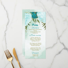 turquoise bloemen groene bladeren bruiloft menu