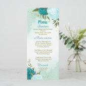 Turquoise Bloemen Groene bladeren Bruiloft Menu (Staand voorkant)