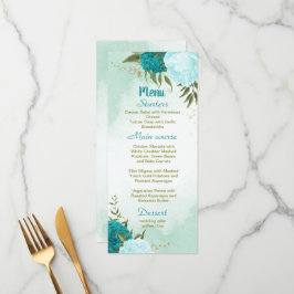 Turquoise Bloemen Groene bladeren Bruiloft Menu
