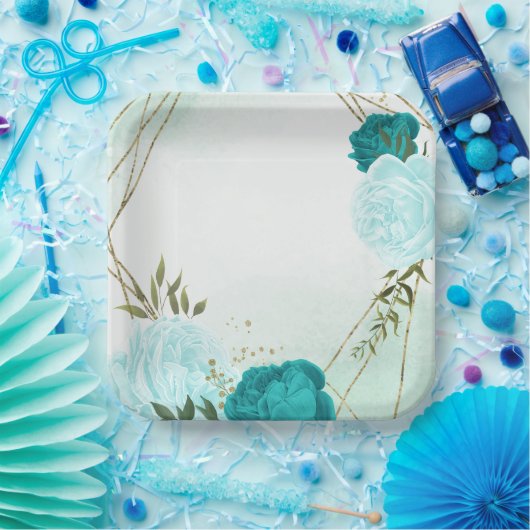 turquoise bloemen groene bladeren bruiloft papieren bordje (Feest)