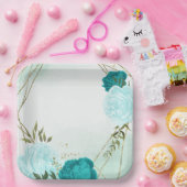 turquoise bloemen groene bladeren bruiloft papieren bordje (Feest)