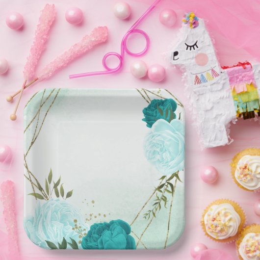 turquoise bloemen groene bladeren bruiloft papieren bordje (Feest)