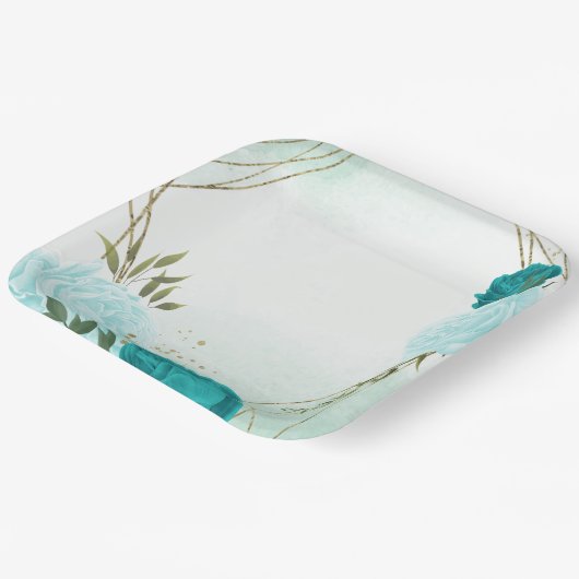turquoise bloemen groene bladeren bruiloft papieren bordje (Gebogen)