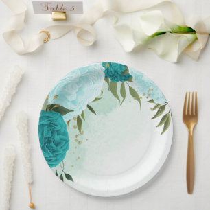 turquoise bloemen groene bladeren bruiloft papieren bordje