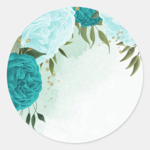 turquoise bloemen groene bladeren bruiloft ronde sticker