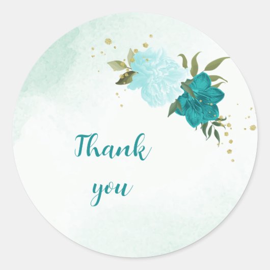 turquoise bloemen groene bladeren bruiloft ronde sticker (Voorkant)