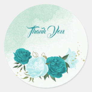 turquoise bloemen groene bladeren bruiloft ronde sticker