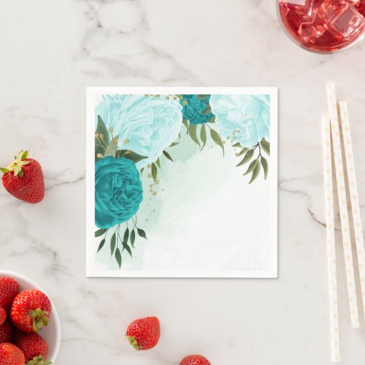 turquoise bloemen groene bladeren bruiloft servet (Insitu)
