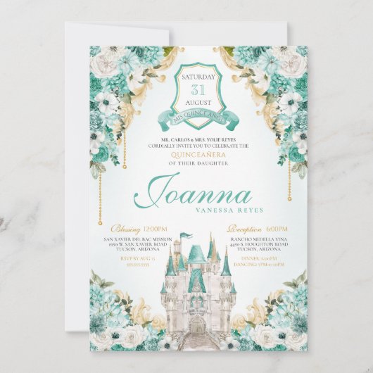 Turquoise Bloemen Koninklijk Kasteel Prinses Quinc Kaart (Voorkant)