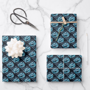 Turquoise Bloemen op Zwart Inpakpapier Vel