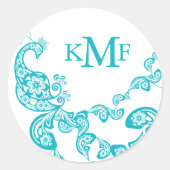 Turquoise Bloemen Paisley Peacock bruiloft gunst Ronde Sticker (Voorkant)